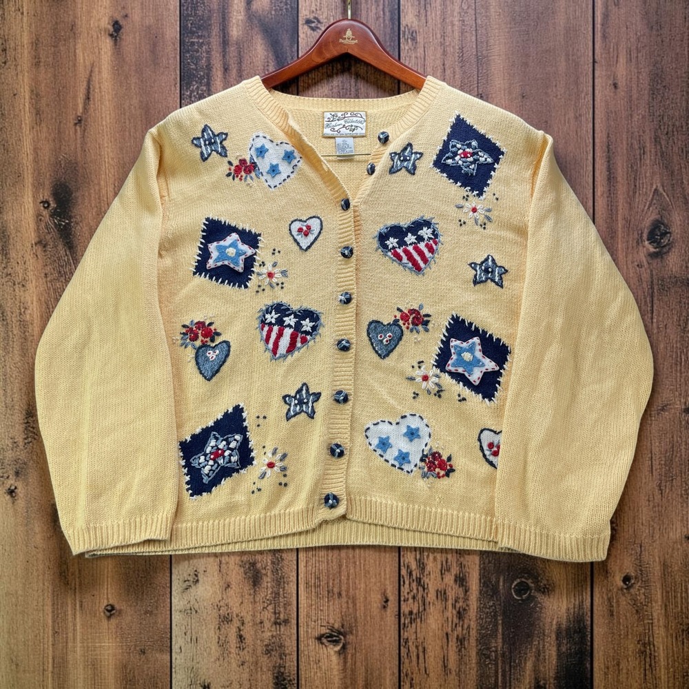 Vintage Y2K Heirloom Collectibles Patriotic Hearts Cardigan Womens XL Yellow
